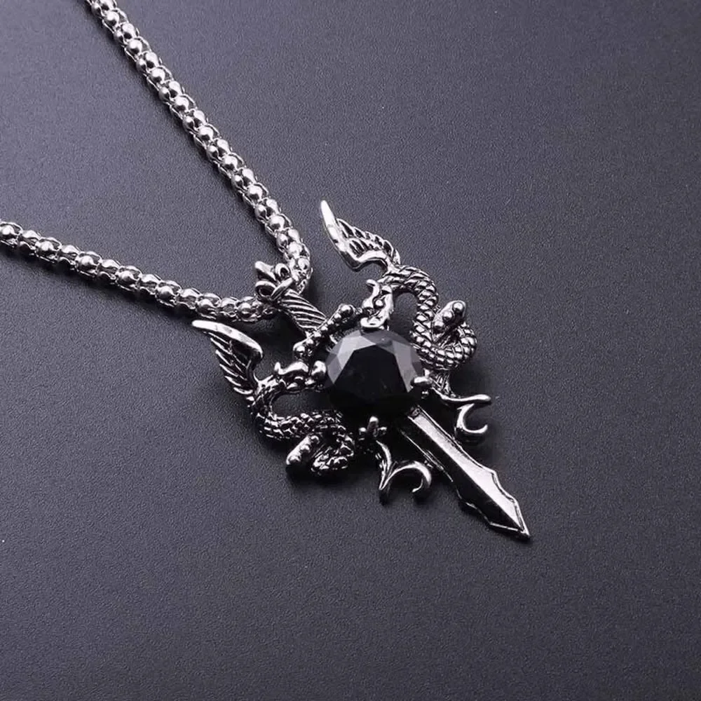 STAINLESS STEEL BLACK DIAMOND TWIN DRAGON CROSS SWORD NECKLACE